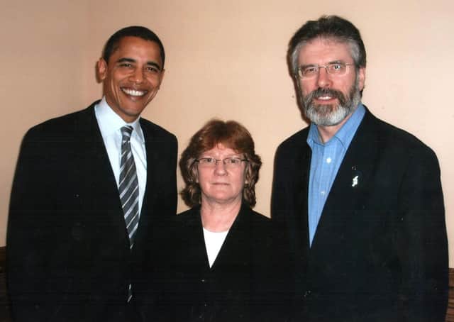 Rita O’Hare pictured with Barack Obama and Gerry Adams