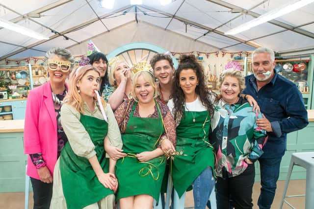 (Left to right) Prue Leith, Saoirse-Monica Jackson, Noel Fielding, Siobhan McSweeney, Nicola Coughlan, Dylan Llewellyn, Jamie-Lee O'Donnell, Sandi Toksvig and Paul Hollywood appearing in The Great Festive Bake Off. Photo: C4/Love Productions/Mark Bourdillon/PA Wire
