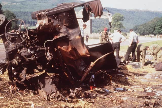Wreckage of the army vehicles after the IRA bomb attack at Narrow Water near Warrenpoint. A damaged army rifle from the scene is now on display in a republican museum in Belfast.