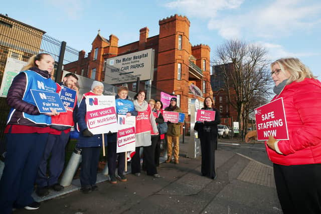 Nurses on strike at the Mater Hospital on December 18. RCN members will strike again today and on Friday