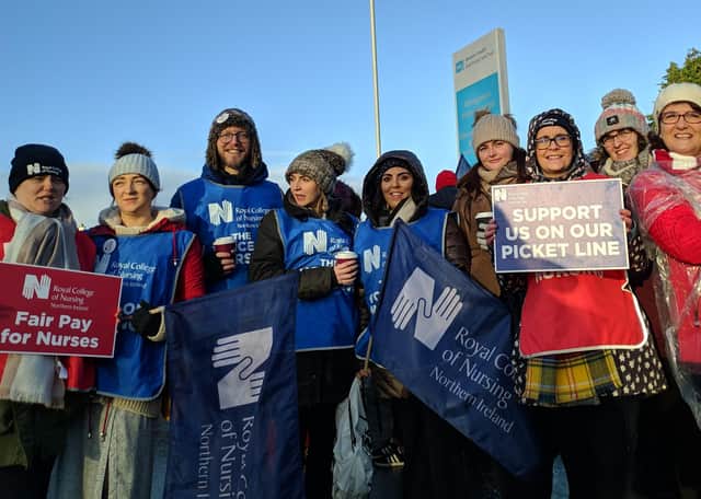 RCN nurses on a picket line at Altnagelvin Hospital in Londonderry today