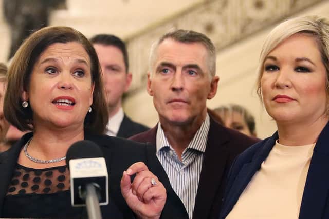 Declan Kearney, centre, with Sinn Fein leader Mary Lou McDonald and deputy leader Michelle O'Neill (right) at Stormont on Friday. Photo: Brian Lawless/PA Wire