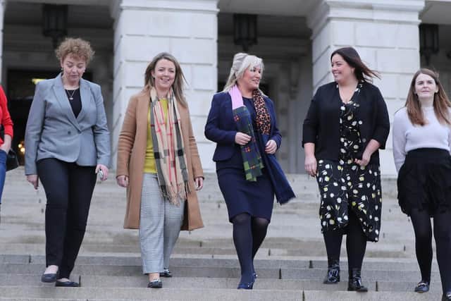 Sinn Fein's Caral Ni Chuilin (second left), Sinad Ennis (far left), deputy leader Michelle O'Neill and Caoimhe Archibald (far right) alongside the party's two new co-opted Members of the Legislative Assembly (MLA) Liz Kimmins (third from left) and Deirdre Hargey (second Right) outside the Stormont Parliament buildings in Belfast, as the deadline approaches for the resumption of a power sharing assembly in Northern Ireland