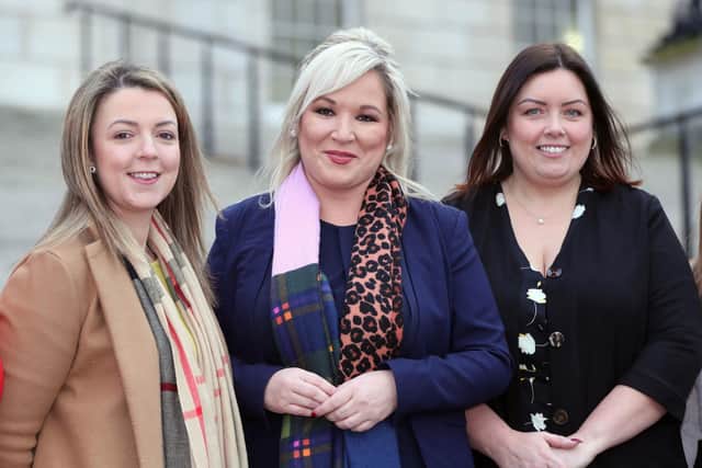 Sinn Fein deputy leader Michelle O'Neill unveils the partys two newly co-opted Members of the Legislative Assembly (MLA), Liz Kimmins (left) and Deirdre Hargey (right) outside the Stormont Parliament buildings in Belfast, as the deadline approaches for the resumption of a power sharing assembly in Northern Ireland.