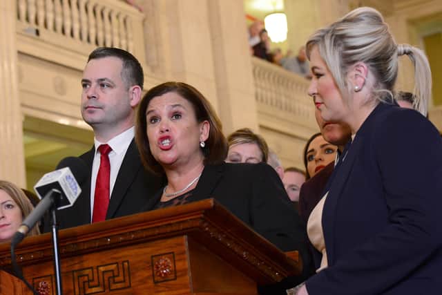 Sinn Fein President Mary Lou McDonald pictured during a press conference at which she was flanked by likely new Deputy First Minister Michelle O'Neill