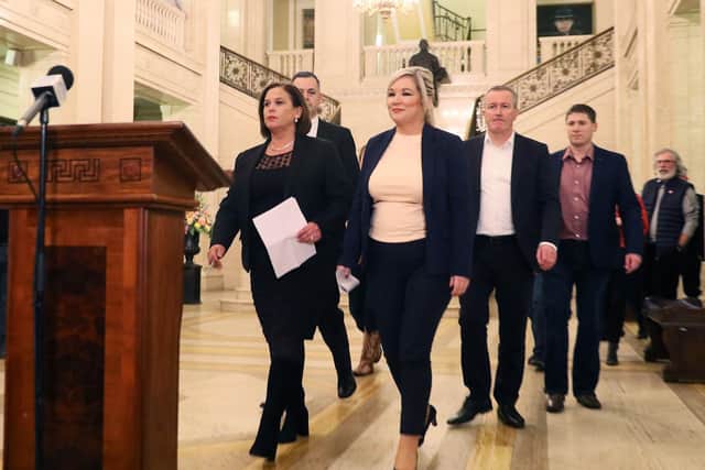 Sinn Fein leader Mary Lou McDonald (left), deputy leader Michelle O'Neill (centre) and party colleagues arrive to speak to the media in the Great Hall of Parliament Buildings, Stormont, as talks to resurrect the devolved government in Northern Ireland have been taking place. (Photo: Brian Lawless/PA Wire)