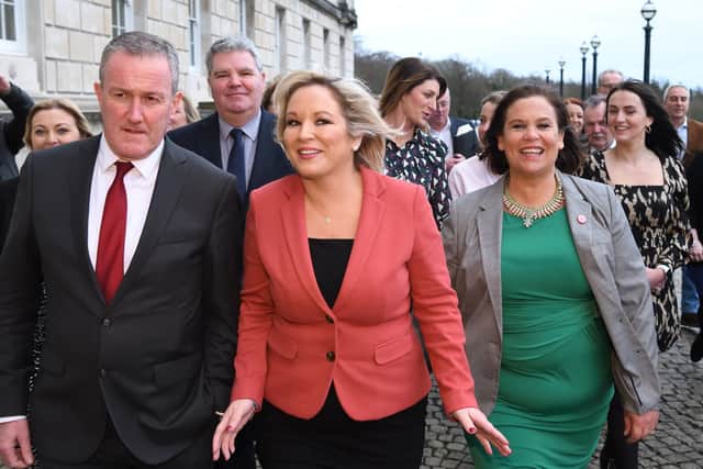 Deputy First Minister Michelle O'Neill (centre) of Sinn Fein with Conor Murphy, Minister of Finance and Sinn Fein President, Mary Lou McDonald (right) at Parliament Buildings, Stormont, Belfast
