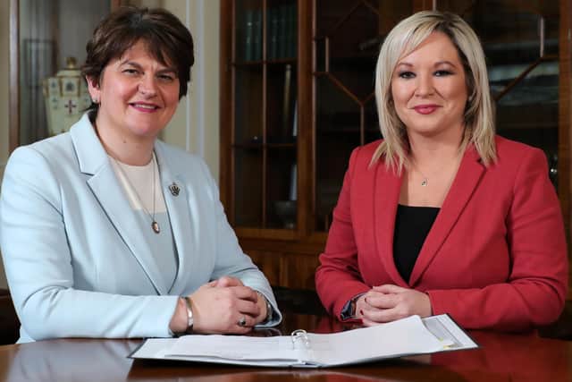 First Minister Arlene Foster with deputy First Minister Michelle O'Neill at Parliament Buildings, Stormont.  Photo by Kelvin Boyes  / Press Eye.