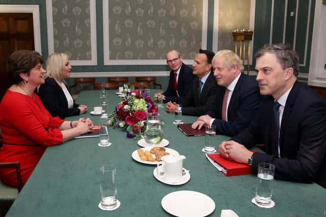 First Minister, Arlene Foster and deputy First Minister, Michelle O'Neill (left) meet with Tnaiste, Simon Coveney, Taoiseach Leo Varadkar, Prime Minister, Boris Johnson and Secretary of State for Northern Ireland, Julian Smith.