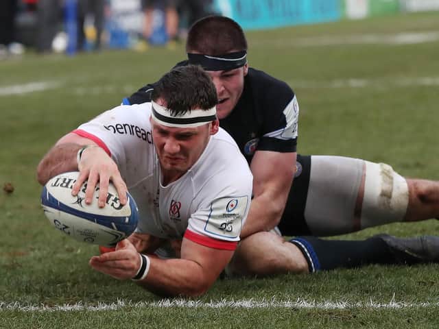 Marcell Coetzee scores the opening try for Ulster against Bath