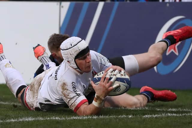 Ulster's Will Addison goes over for a try against Bath