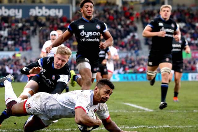Ulster's robert Baloucoune scores a try against Bath