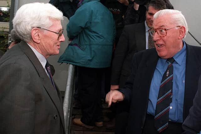 Seamus Mallon has a public argument in April 1998 with the then DUP leader Ian Paisley, whom he called a squatter at the all party talks. Picture Pacemaker