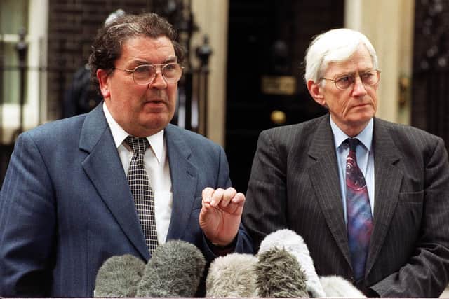 Seamus Mallon, right, with John Hume in Downing Street to discuss political deadlock in the aftermath of the Belfast Agreement. "There was often tension between the two of them but they nevertheless were a formidable duo"