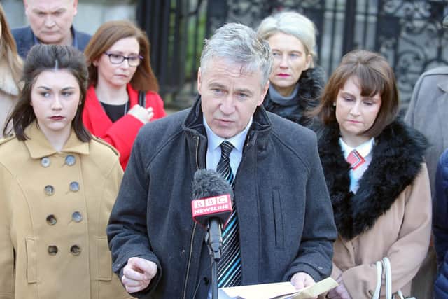 Enda Dolan's family including his sister, father Peter and mother Niamh pictured outside the High Court in Belfast after his killer had his sentence increased to eight years. Picture by Jonathan Porter/PressEye.com