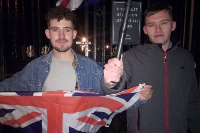 Harry, left, 21, from Lisburn: "I just think it is great that we have got control" Scott, 20, from Lisburn: "I am here to celebrate my nation's independence"
