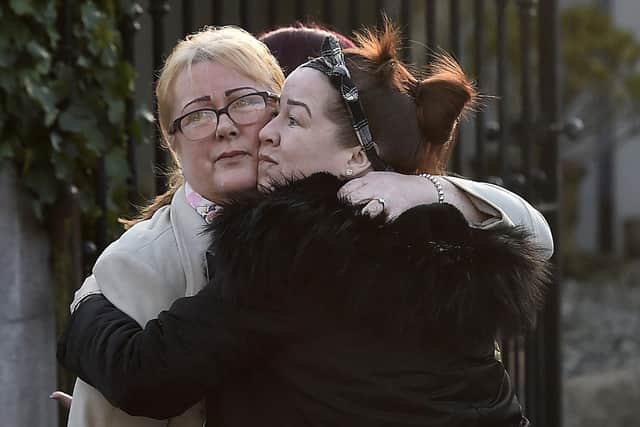 Carol Corr  (mother of Joleen ) with family member at Downpatrick Court on Monday.
Pic Colm Lenaghan/Pacemaker