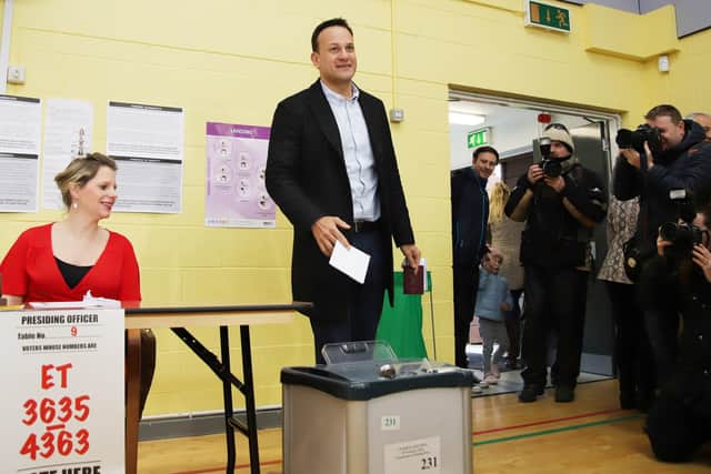 Fine Gael leader Leo Varadkar votes on Saturday in the Irish general election at Scoil Thomais in Castleknock, Dublin. Photo: Damien Storan/PA Wire