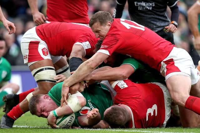 Tadgh Furlong goes over for a try for Ireland against Wales in Dublin