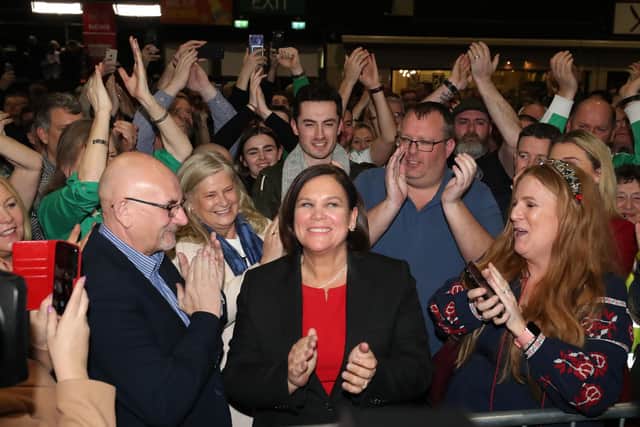 Sinn Fein Leader Mary Lou McDonald is elected as ballot papers are counted at the RDS in Dublin during the Irish General Election count PA Photo