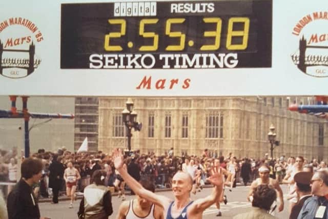 Ken finishes the 1985 London Marathon