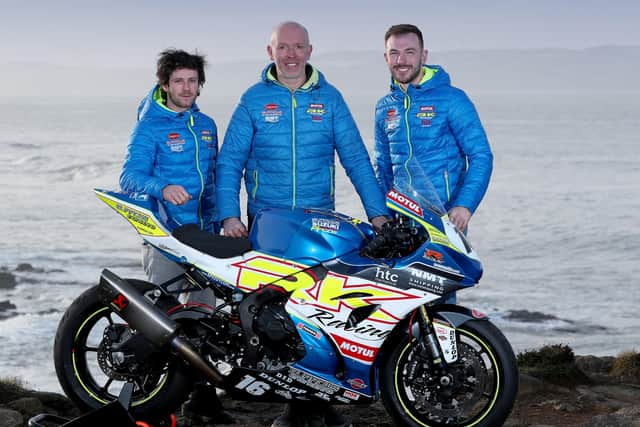 Burrows Engineering/RK Racing team owner John Burrows (centre) with new signings Mike Browne (left) and Paul Jordan. Picture: Stephen Davison/Pacemaker Press.