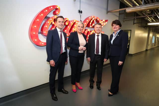 Miles Karemacher (General Manager, Coca-Cola HBC Ireland and Northern Ireland), Deputy First Minister Michelle O’Neill, Marcel Martin (Group Supply Chain Director, Coca-Cola HBC) and First Minister Arlene Foster