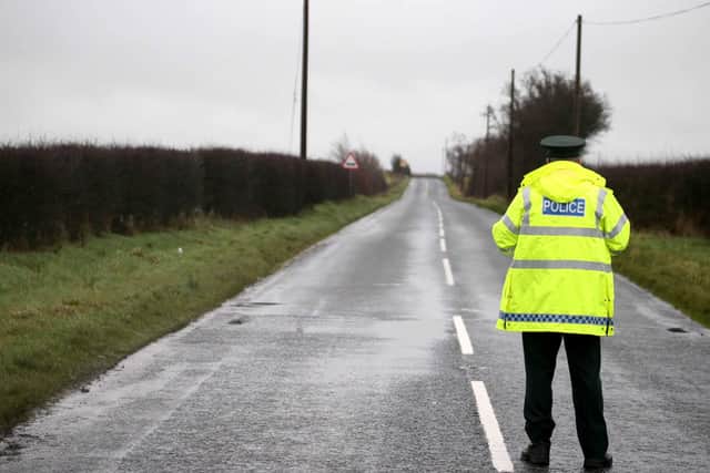 Police close the Duneaney Road in Glarryford near Ballymena after a serious crash this afternoon. Pic Steven McAuley/McAuley Multimedia