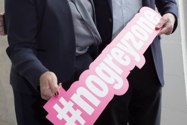 Detective Chief Superintendent Paula Hilman and Sir John Gillen in October 2018 at the launch of the PSNI's sexual assault awareness campaign in Belfast, which aimed to tell the public there is 'No Grey Zone' when it comes to sexual consent. Sir John backed the campaign while he was compiling his report.