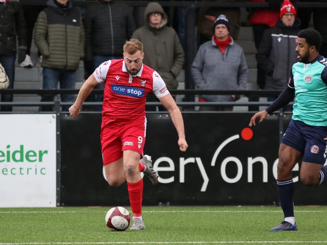 Striker Jake Day pushes forward for for Boro in their 1-1 draw with Hyde United
Photo by Morgan Exley