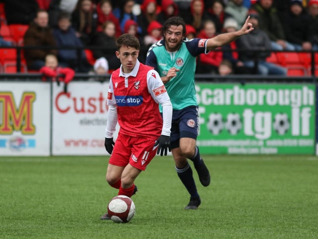 Cameron Wilson on the ball for Boro in their 1-1 draw with Hyde United
Photo by Morgan Exley
