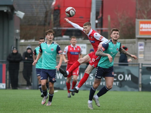 Kieran Glynn looks to win a header for Boro in their 1-1 draw with Hyde United
Photo by Morgan Exley