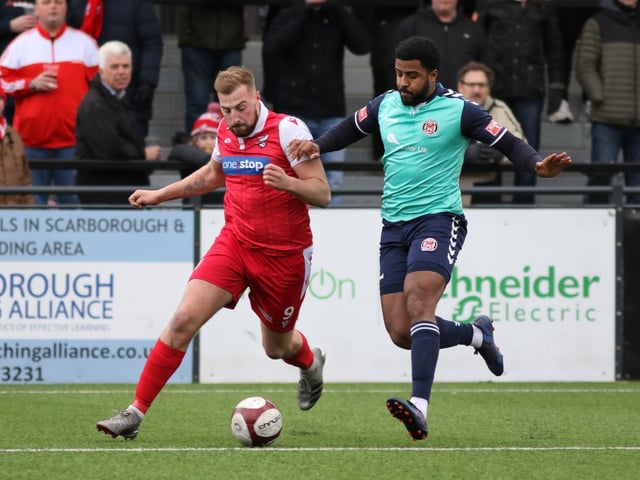 Jake Day on the attack for Scarborough Athletic in their 1-1 draw with Hyde United
Photos by Morgan Exley
