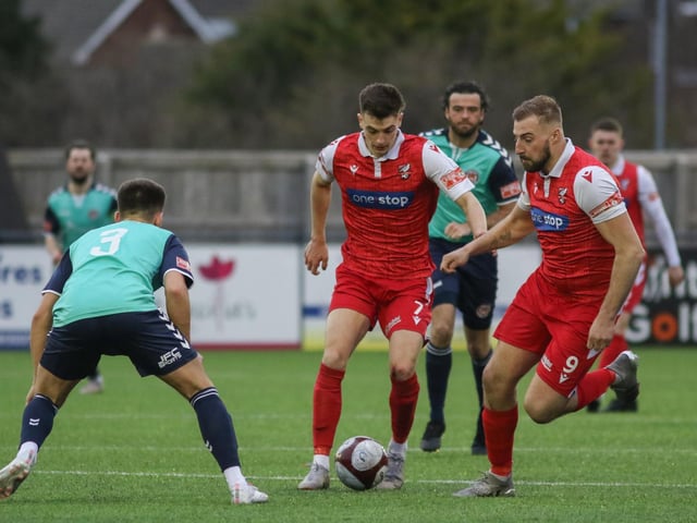 Luca Colville and Jake Day in action for Boro in their 1-1 draw with Hyde United

Photo by Morgan Exley