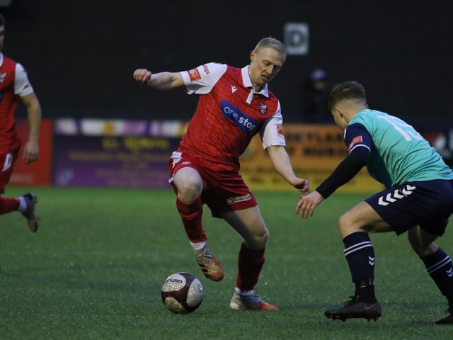 Sub James Cadman on the ball for Boro in their 1-1 draw with Hyde United
Photo by Morgan Exley