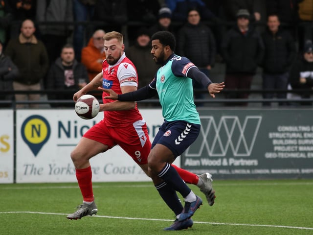 Striker Jake Day races to get to the ball first for Boro in their 1-1 draw with Hyde United
Photo by Morgan Exley