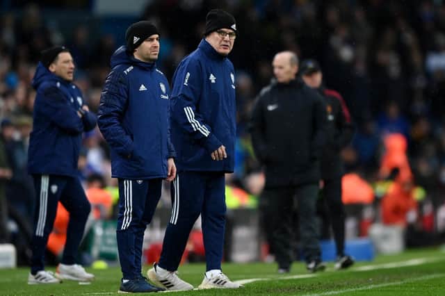 RIVALS REVERSE: Whites head coach Marcelo Bielsa, centre, looks on during Sunday's 4-2 loss to Manchester United at Elland Road. Photo by Shaun Botterill/Getty Images.