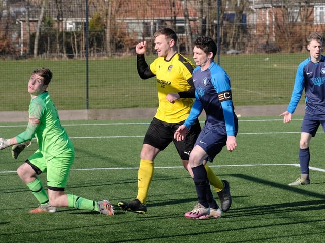 Cayton's keeper and defence are beaten by this Trafalgar effort