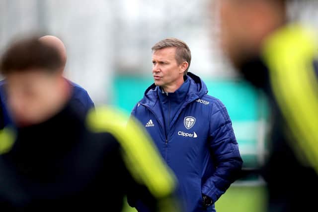 Leeds United head coach Jesse Marsch oversees training at Thorp Arch.