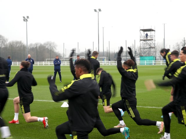 Leeds United players warm up.