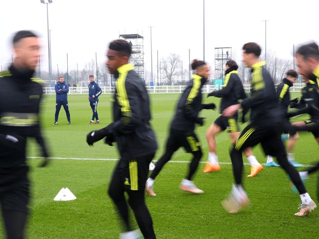 Leeds United players warm up.