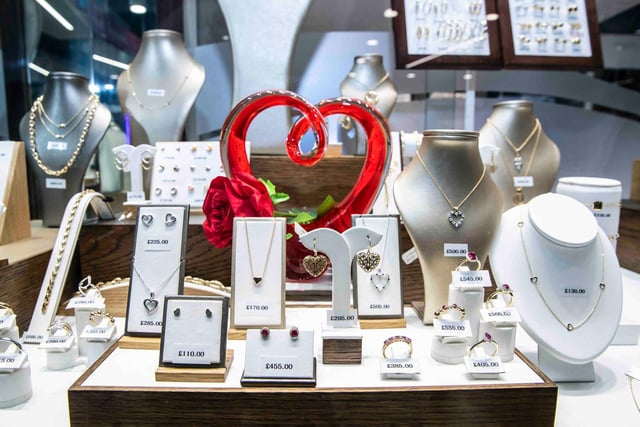 The Valentine's display window at Michael Jones Jewellers with prices of the pictured accessories ranging from £70 to £950.