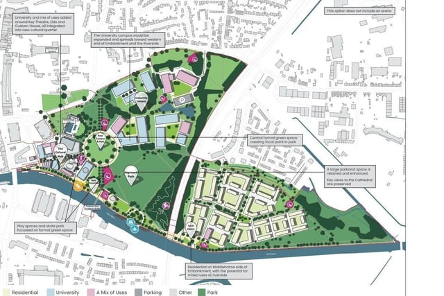 In Option 4, the campus would still be spread towards the cultural hub but without the stadium. The play spaces would move closer to the hub and a bike pump track would be included, next to improved park space.