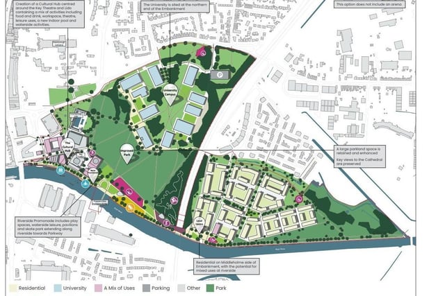 This option includes the creation of a cultural hub centred around the Key Theatre and Lido. It would include a mix of activities, including food and drink, office space, leisure, a new indoor pool and waterside activities. The university would be housed to the north, with a housing development on Middleholme. There would be an enhanced promenade with a marina, riversports hub, waterside leisure, a skate park and a playground.
