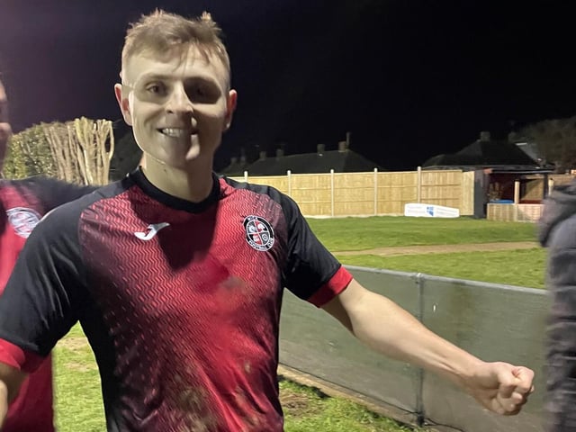 Ryan Barrett celebrates after scoring the winning penalty in the shootout to see off Saltdean
