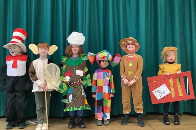 Pupils from Harriers Academy Banbury dress up for World Book Day. Pictured: L-R Zaki ( Cat in the Hat), Eli ( BFG), Florence ( The Faraway Tree), Amy ( Elmer the Elephant), Bobby ( the Gingerbread Man) and Tilly ( Dear Zoo). (photo submitted from the school)