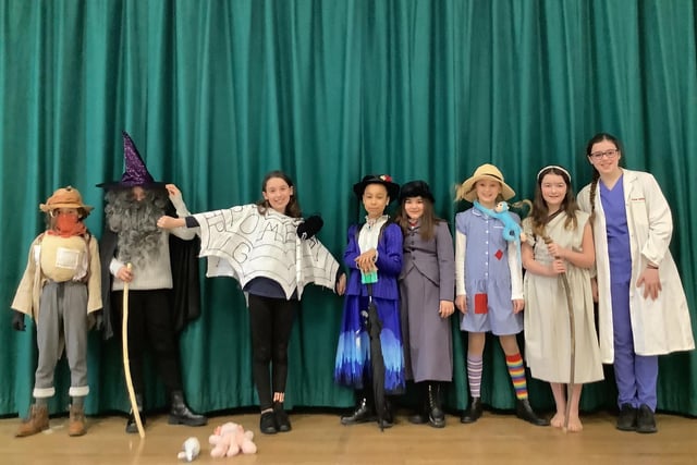 Pupils at Harriers Academy Banbury dress up for World Book Day. Pictured: Jerzy (Worzel Gummige), Georgia ( Gandolf), Lilly ( Charlotte's web), Tamara and Stella (Mary Poppins), Wiktoria ( Pippi Longstocking), Bella (Halo), Isobel ( Adam Kay). (photo submitted from the school)