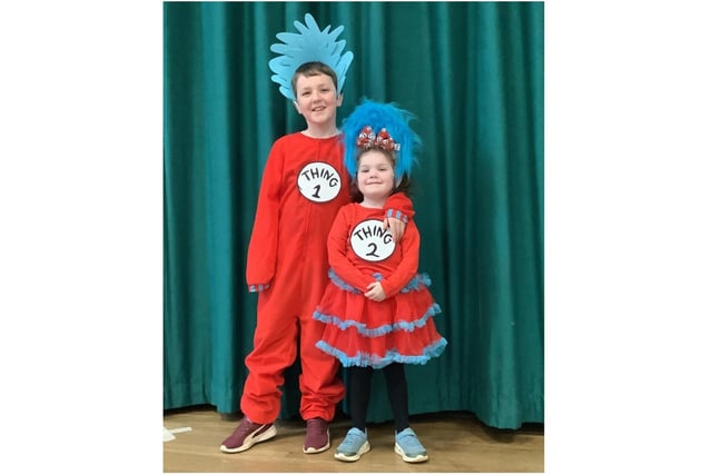 Harriers Academy Banbury pupils Jayce and his sister Bella as Thing 1 and Thing 2 from Dr Zeus for World Book Day (photo submitted from the school)