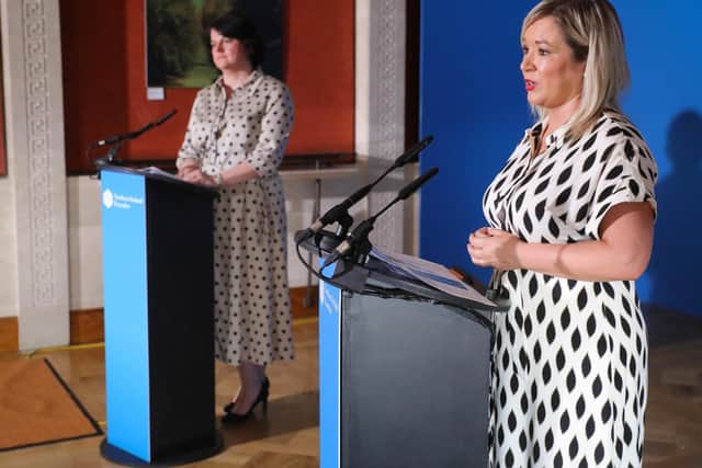 First Minister, Arlene Foster and deputy First Minister, Michelle O'Neill pictured during Thursday's Coronavirus media briefing in Belfast. (Photo: PA Wire)