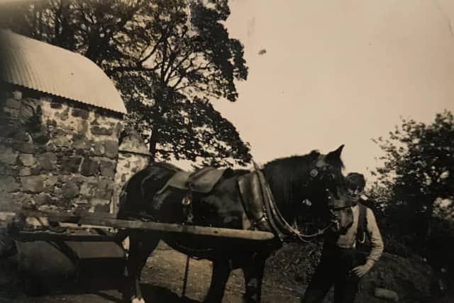 Edwin McFadden says: “This photo shows a horse pulling a roller which would be used to roll the stones down on newly sown corn.”